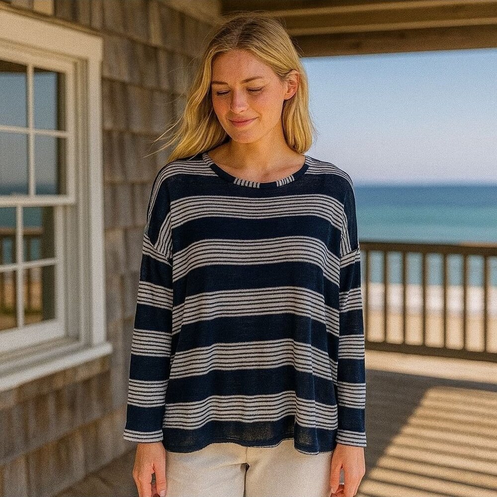 Show Me Your MuMu Stripe Lightweight Knit Long Sleeve Coastal Lagenlook Boho L‎